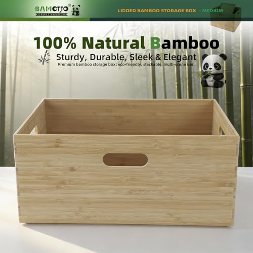 Stackable Bamboo Storage Bin with Lid 14.6"x10.2"x6.5" (Single Bamboo Box with Lid - Medium / 14.6"L x 10.2"W x 6.5"H)