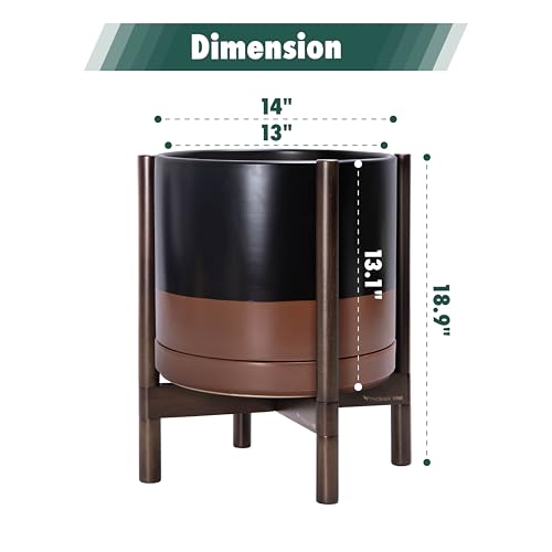 Ceramic Pot with Walnut Wood Stand (14 Inch / Black/Speckled Tan Pot + Walnut Color Stand)