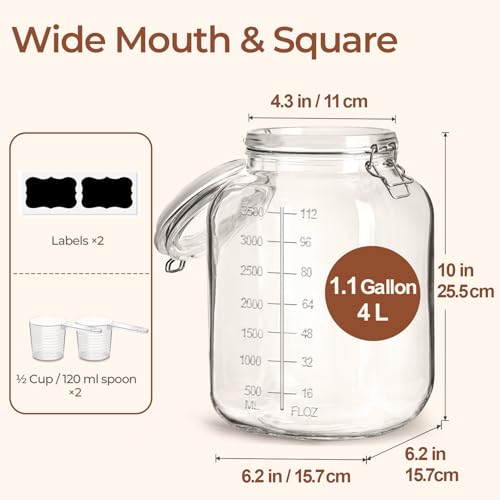 Large Square Glass Jars with Airtight Lid 1 Gallon 2 Pack Wide Mouth (1.1 gallon x 2 - Wide Mouth)