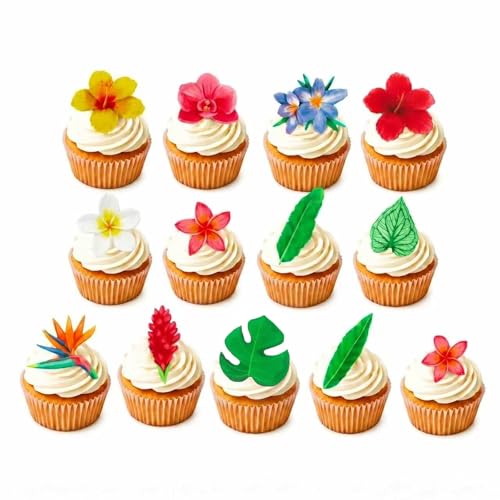 70pcs Edible Flowers Cake Decorations Tropical Hibiscus Flower & Leaf Wafer Paper Cake & Cupcake Toppers for Hawaiian Theme Birthday Party Decorating (Green & Yellow & Red)
