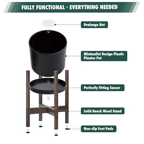Plastic Pot with Walnut Wood Stand