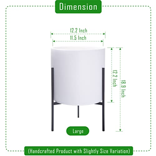 Cylinder Planter Pot with Metal Stand (Large 12 Inch / White)