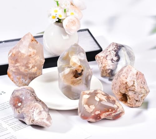 1.5 2.2LBS Cherry Blossom Agate Flame Shaped Stone Tower Flower Natural Healing Crystal Quartz Obelisk with Reiki Energy for Home Office Decoration (Cherry Blossom Agate / 1.5-2.2 Pound)