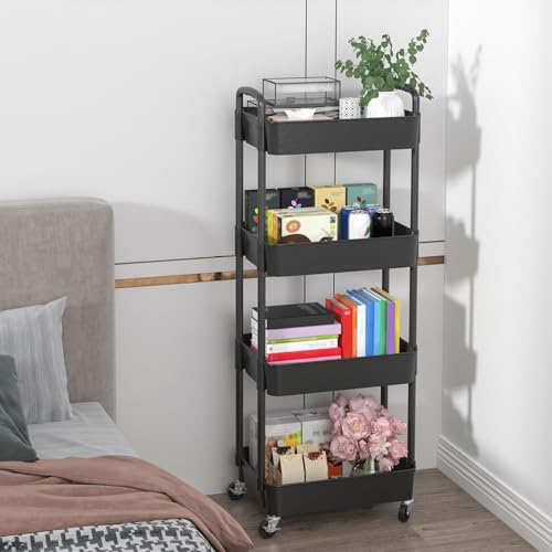 4 Tier Plastic Rolling Utility Cart with Wheels for Storage