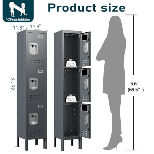 Metal Lockers (Grey / 3 Door-(66.15" H x 11.8" W x 11.8" D))