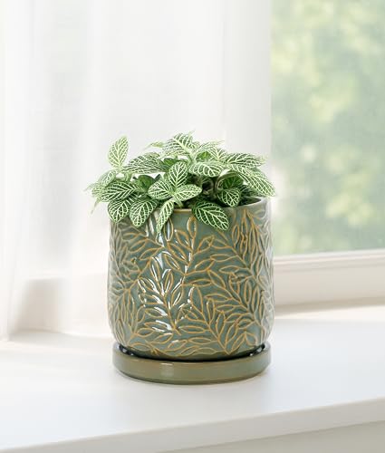 Embossed Leaves Ceramic Planter (4 Inch / Olive)