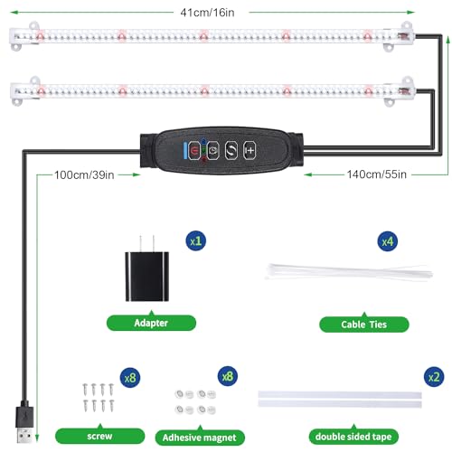 16‘’ LED Grow Light Strips for Indoor Plants (Red / White / 16Inch 2 Head 1 Pack)