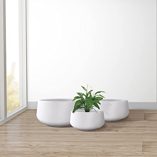 Set of 3 White Concrete Shallow Planters 21.6" 16.9" 12.5" Dia (Pure White / 21.6",16.9",and 12.5" Dia)