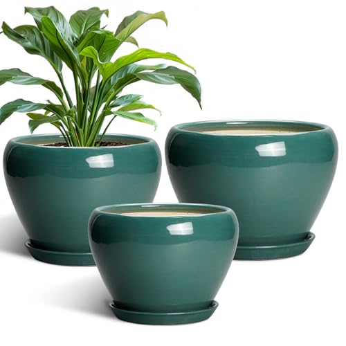 Ceramic Pots for Plants (10+8+6 Inch / Dark Green)
