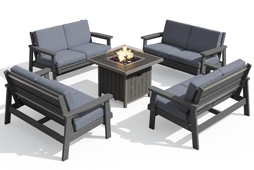 HDPE Patio Furniture Set with 33” Square Fire Pit Table (Grey/Grey)