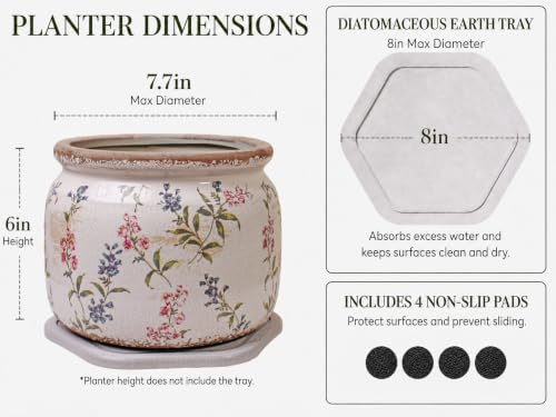 French Country Ceramic Plant Pot with Decorative Saucer (Purple Red / 7.7 in - w/ Saucer)