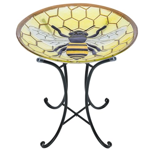 Glass Bird Bath with Metal Stand (bee)