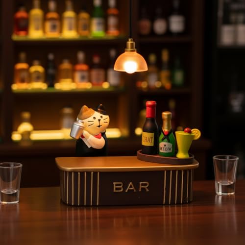 Funny Miniature Cat Bartender Figurines with Cocktail Bar for Office Desk Accessories (Bar Set)