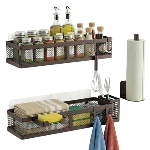 5-in-1 16.5" Extra Long Slim Wall Mount Wrapped Mesh Kitchen Organizer & Shower Caddy Kit, with Paper Towel Holder, Utensil Holder, Soap Dish, Holds 50LBS - Vintage Bronze, Netting (Vintage Bronze / 5-in-1 Full Mesh (16.5" Extra Long))