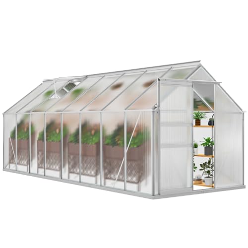 6x16FT Polycarbonate Greenhouse Heavy Duty Green Houses Outdoor Aluminum Greenhouses with Sliding Doors Vent Window Walk (Silver / 6x16FT)