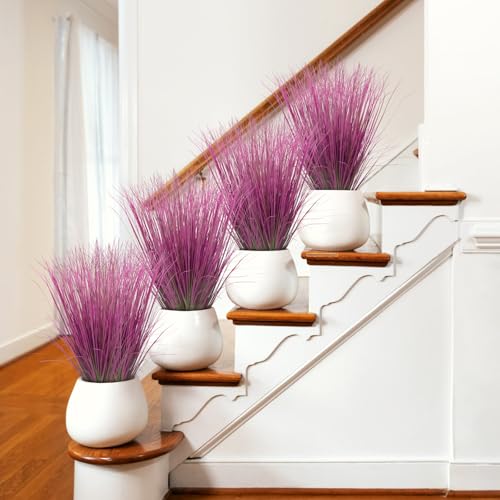 48 Bundles Artificial Grass Plants Outdoor Tall Faux Shrubs Greenery Stems Fake Onion Grasses Wheat UV Resistant for Outside Garden Indoor Office Home Decor（Pink） (Pink / 48Pcs)