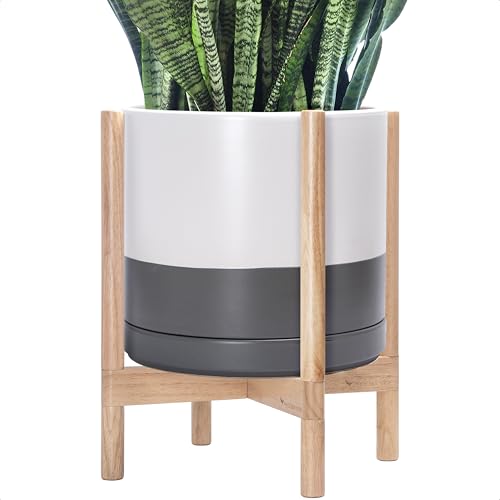 Ceramic Pot with Natural Wood Stand (14 Inch / White/Grey Pot + Natural Stand)