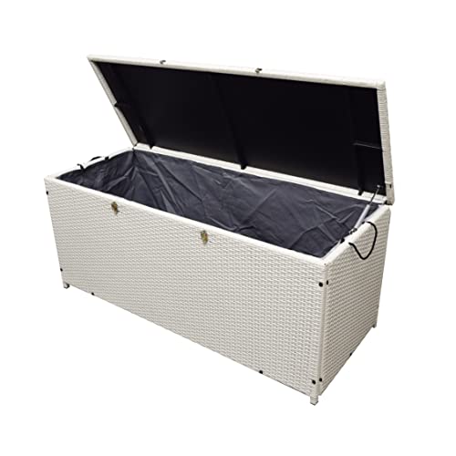White Indoor and Outdoor Balcony Patio Deck Porch Pool 113 Gallon Wicker Storage Box Trunk Bin with Metal Frame (White)