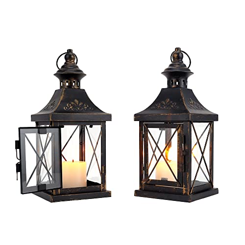 Set of 2 Decorative Candle Lantern 11'' High Metal Candle Holder Hanging Lantern Perfect for Home Decor Halloween Living Room Parties Events Tabletop Indoors Outdoors (Black)