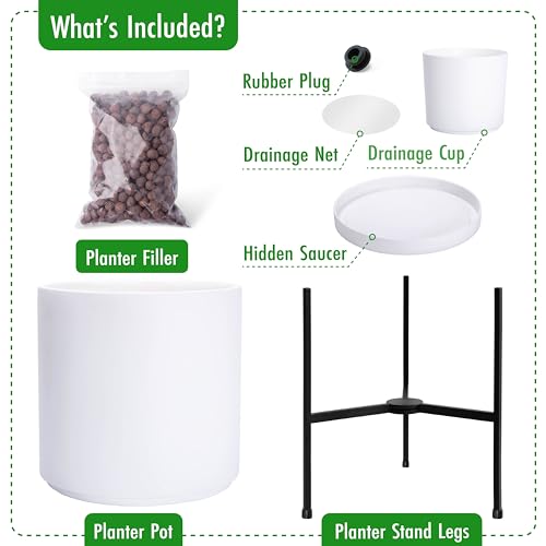 Cylinder Planter Pot with Metal Stand (X-Large 14 Inch / White)