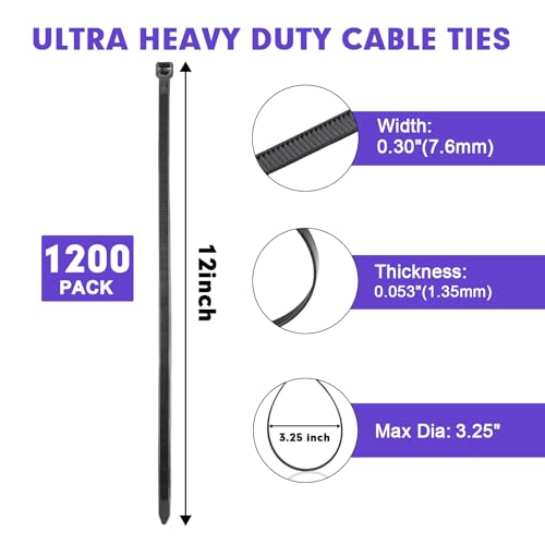 Zip Ties RAZCC 1200pcs Black Cable Zip Ties 12 Inch (Wideth 0.3")