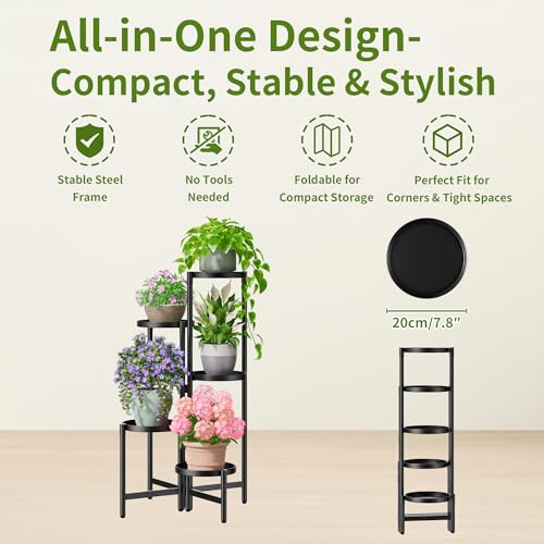 Tall Plant Stand Indoor Outdoor (BlackDisk / 5-tiers)