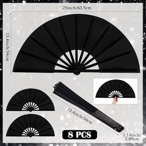 8 Packs Large Folding Hand Fans (Black)