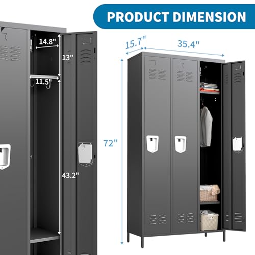 3 Doors Metal Lockers for Employees 71" H Storage Cabinet Lockable Locker with Shelves Steel Storage Locker for Gym School Office Home Requires Assembly (3 doors-72" / Black)