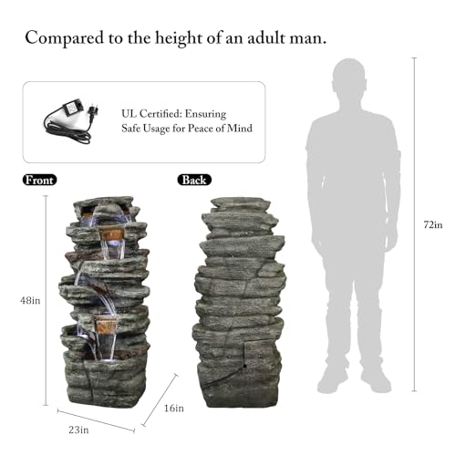 48" High 7 Tiers Cascading Rock Outdoor Water Fountain with LED Lights (48inch / Gray_6)