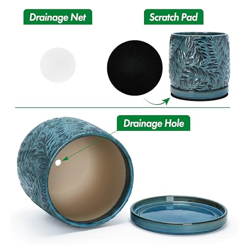 Embossed Leaves Ceramic Planter (10 Inch / Ocean Teal)