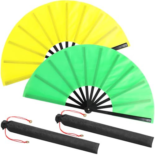 2 Packs Large Folding Hand Fans (Green and Yellow)