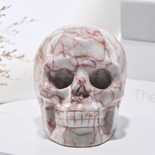 5''Natural Red Grid Crystal Skull Head Hand Carved Reiki Healing Stone Statue Healing Home Office Art Room Decoration (Red Grid Stone / 5inch)