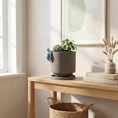 Ceramic Plant Pot with Cute Resin Figure for Idoor Plants (Charcoal Gray+bt / 5.7 Inch)