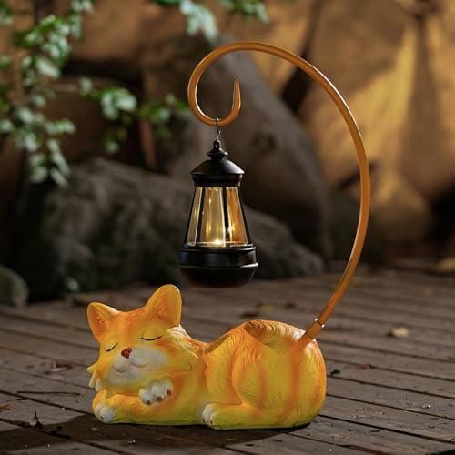 Outdoor Cat Figurine Garden Statue with Solar (Yellow)
