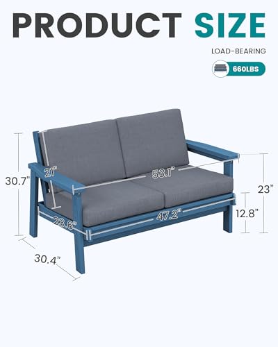 HDPE Patio Furniture Set with 33” Square Fire Pit Table (Blue/Grey)