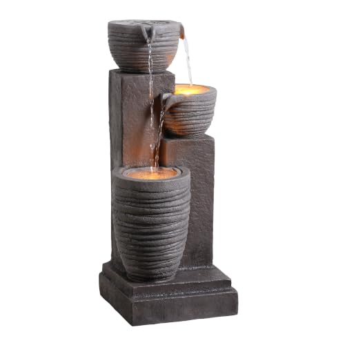 Horizontal Ribbed Pattern Outdoor Water Fountain (Warm Gray)