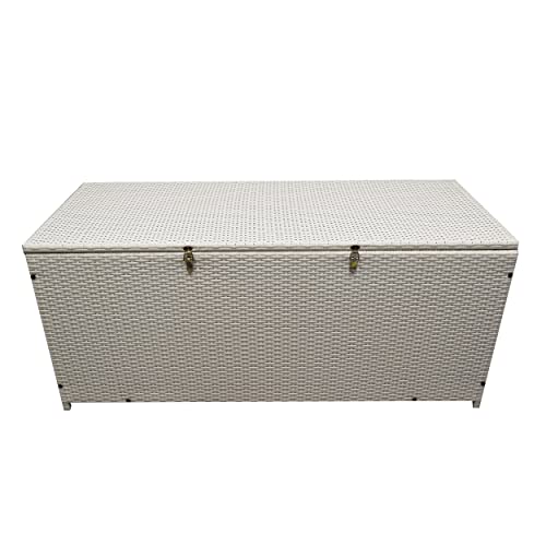 White Indoor and Outdoor Balcony Patio Deck Porch Pool 113 Gallon Wicker Storage Box Trunk Bin with Metal Frame (White)