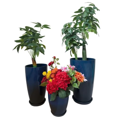 24,21,11 Inch Large Plastic Planters with Drainage Hole and Saucer - Set of 3 Tall Plant Pots Indoor Flower Pot Tall Round Planters Outdoor Large Tall Planter (Dark Blue & Black)