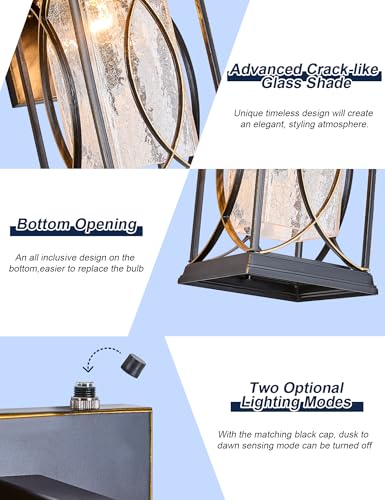 Dusk to Dawn Outdoor Wall Light Black with Gold Trim Modern Exterior Sconce Aluminum Waterproof Coach Light Fixture with Crack (Black and Gold-L)