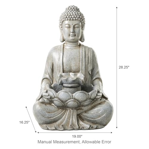 Buddha Outdoor Water Fountain with Lights and Pump (Concrete Buddha W/Lotus Leaf&flower Basins / 28.25"H)