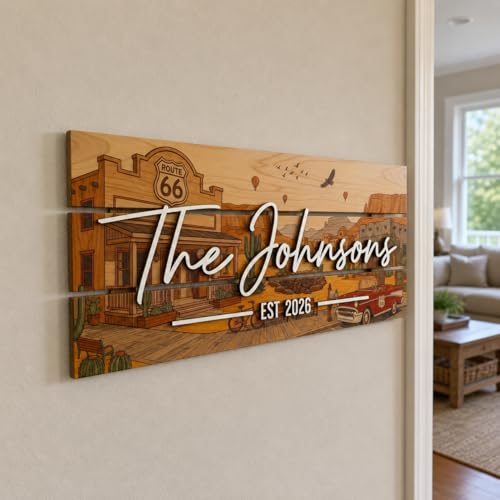 Western Sign Custom Family Last Name Solid Wood Sign with Established Date (Route 66 _ Western Town / Large)