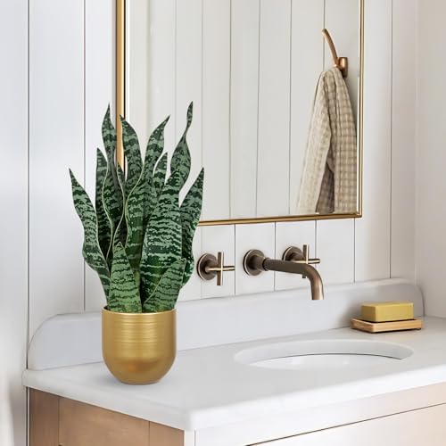 Artificial Snake Plant Potted Faux Sansevieria Trifasciata Plants (Green-16.9" Gold Pot)