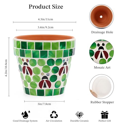 Mosaic Terracotta Flower Pot with Ladybug Design (Green)