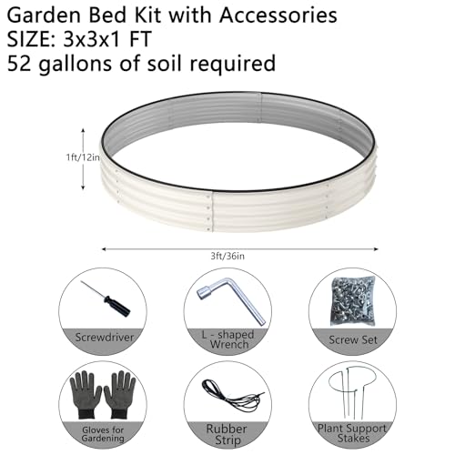 Galvanized Metal Planter Round Raised Garden Bed Kit for Gardening Outdoor (White / 3x3x1FT（1pcs）)