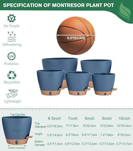 5 Pack Self Watering Planter Pots 10 (Blue / 6.5/7/8/9/10 Inch)