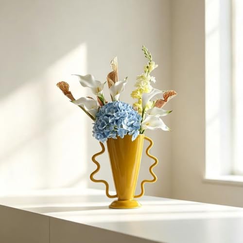 Yellow Rotary Vase Medieval Flower Vessel Living Room Entrance Personalized Simple Wabi Sabi Decorative Ornament Ceramic Ornament (Yellow)