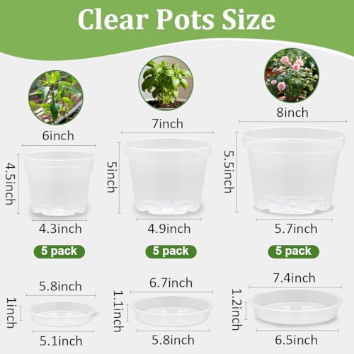 15 Pack 8/7/6 Inch Clear Nursery Pots with Saucer, Transparent Plastic Plant Pot with Drainage Hole, Sturdy Planting Starter Pots for Gardening Flower Herb Vegetable (Clear / Mix 6/7/8 Inch 15 Pack)