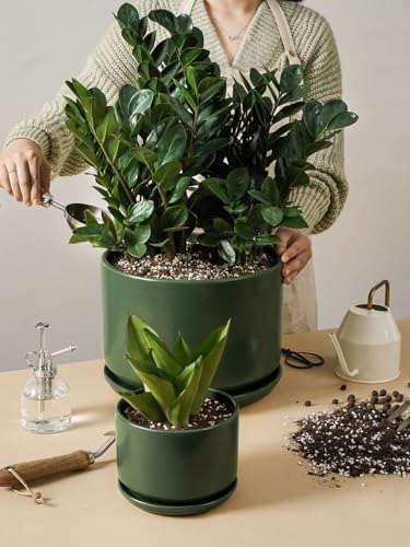 10 + 12 Inch Ceramic Plant Pots (Forest Green / 10"+12")