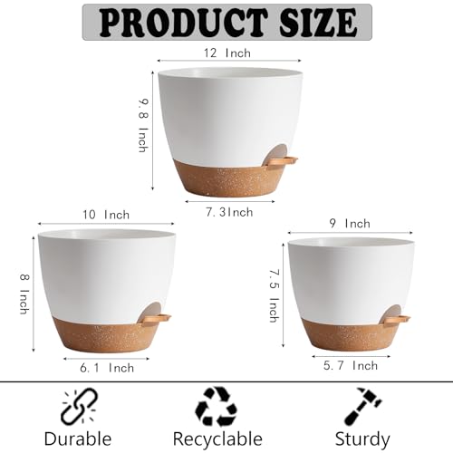 Plant Pots 12+10+9 Inch Self Watering Pots with Drainage Hole for Indoor Plants Large Flower Pot (3 Count)