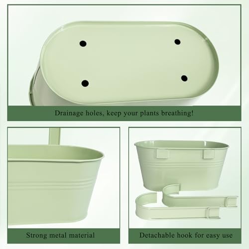 2 Pack 10" Balcony Hanging Metal Fence Planters Flower Pots (Mint Green)